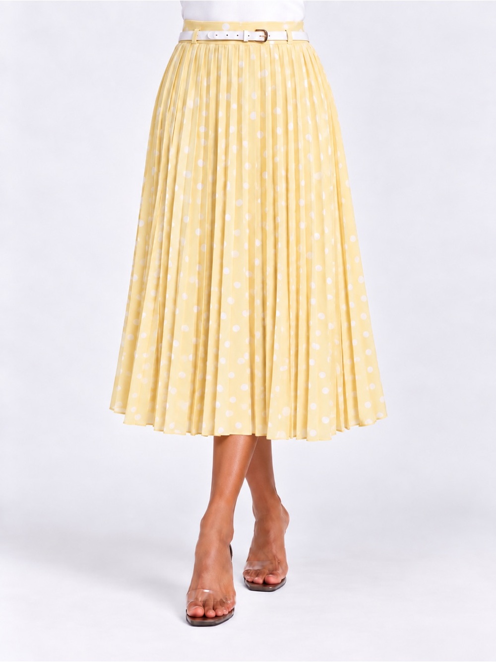 Elizabeth & Nicole Petite Med Yellow White Polka Dot Pleated Midi Skirt Belted